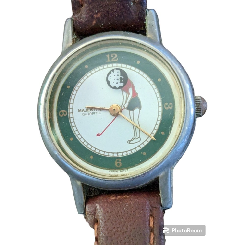 Vintage Woman Majesti Golfing Golf Ball Watch Japan Movement Leather Hong Kong